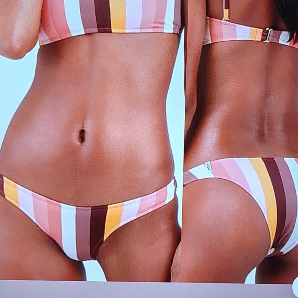 RHYTHM SAHARA CHOCOLATE GOLD PINK STRIPED 2PC SWIMSUIT BANDEAU TOP & BIKINI Sz M